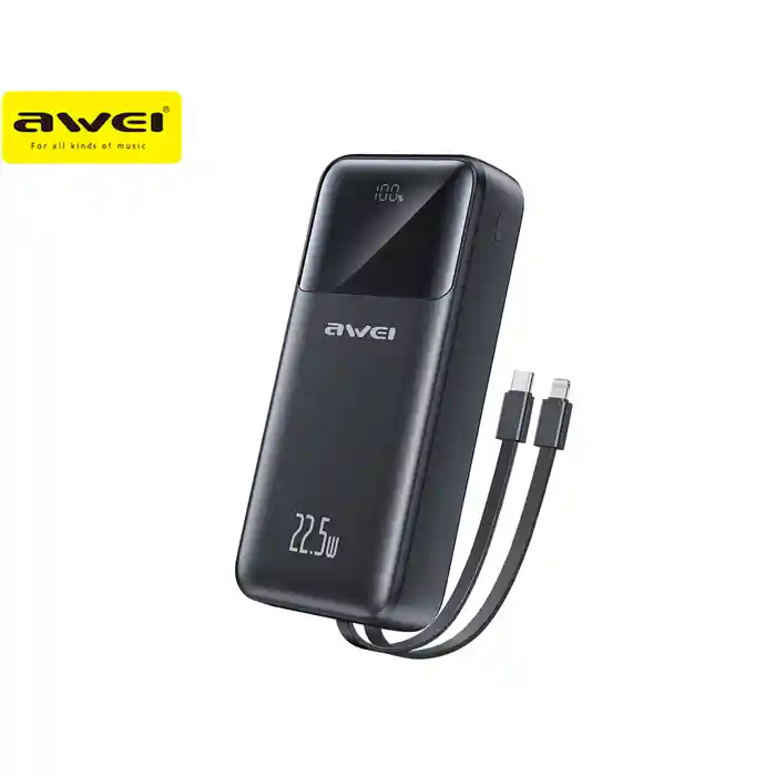 Awei P107K 20000mAh Powerbank 22.5W Fast charger with Built-in Cable Multiple Protection Long Battery Life for iOS&Android Mobile Phone